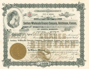 Sentney Wholesale Grocery Co., Hutchinson, Kansas - Stock Certificate